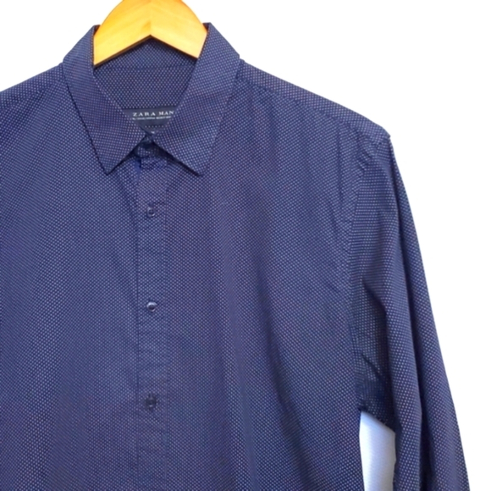 Zara Man Long Sleeve Slim Fit Button Down Shirt Navy XLarge